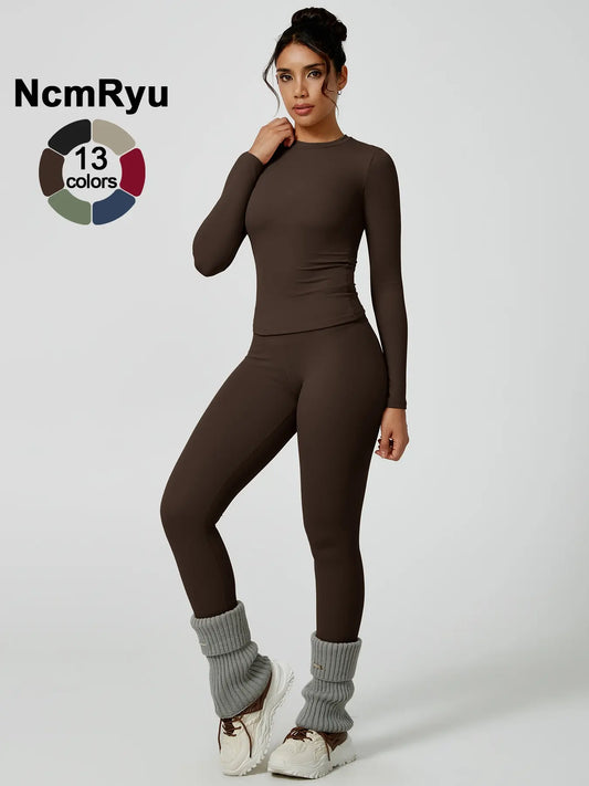 Two-Piece Set Women'S Patchwork High Elastic Soft round Neck Flat Shoulder Long Sleeve Slim Fit Beautiful Hip Tight Pants Yoga Clothes Suit Workout Running Clothes Four Seasons Outdoor Running Cycling Hiking Walking Shopping Fashion Suit Gym