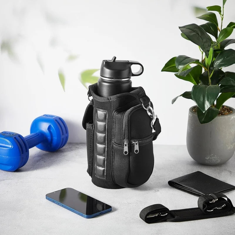 Magnetic Water Bottle Holder Gym Water Bottle Carrier Bag W/ Phone Pocket Handle Shoulder Strap 6 Built-In Magnets Water Bottle