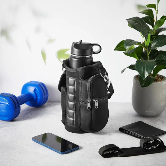 Magnetic Water Bottle Holder Gym Water Bottle Carrier Bag W/ Phone Pocket Handle Shoulder Strap 6 Built-In Magnets Water Bottle
